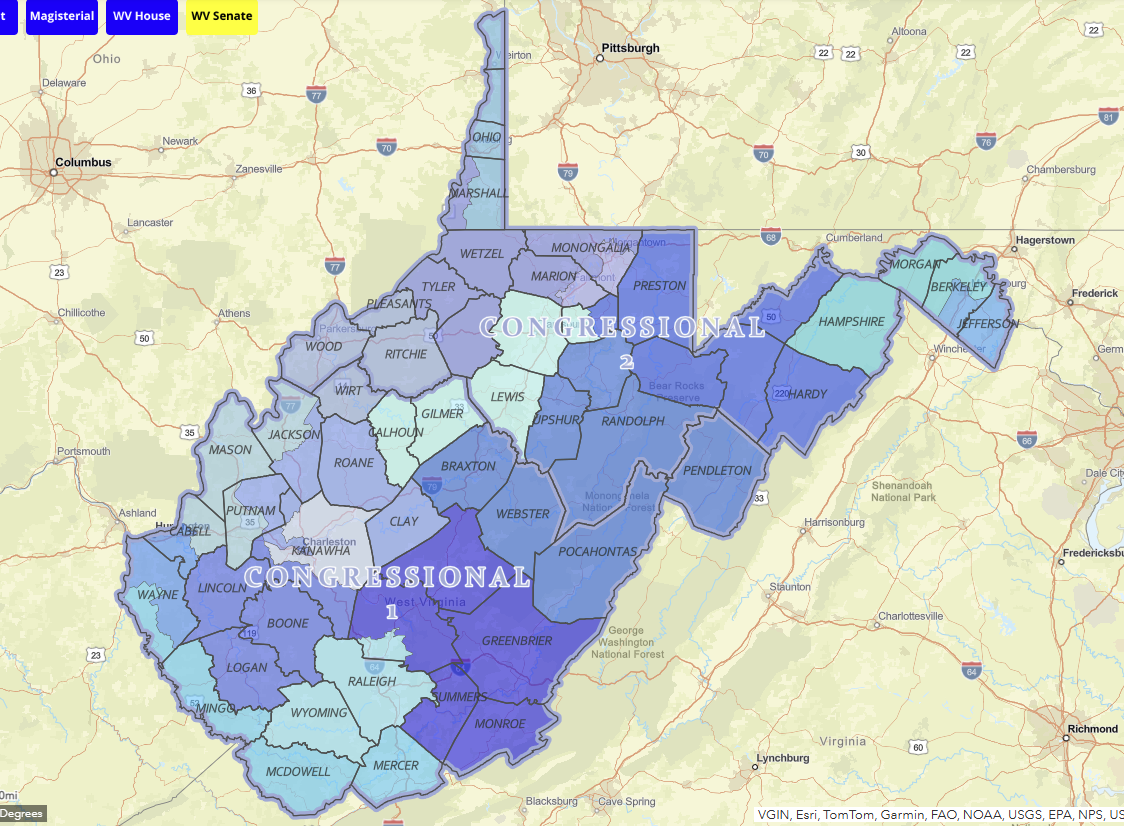 Image of WV in shades of blue showing senate districts